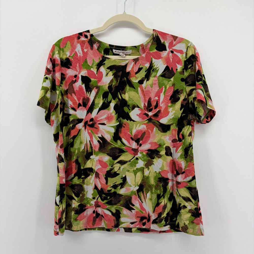 JM Collection Women's Petite XL Floral Print Short Sleeve Top Green Pink